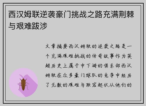 西汉姆联逆袭豪门挑战之路充满荆棘与艰难跋涉
